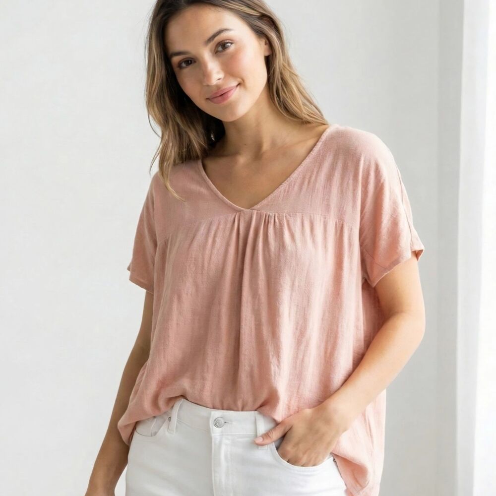 Kori America Pink Linen Blend Top S V-Neck Dolman Sleeve Boho Crinkle Blouse